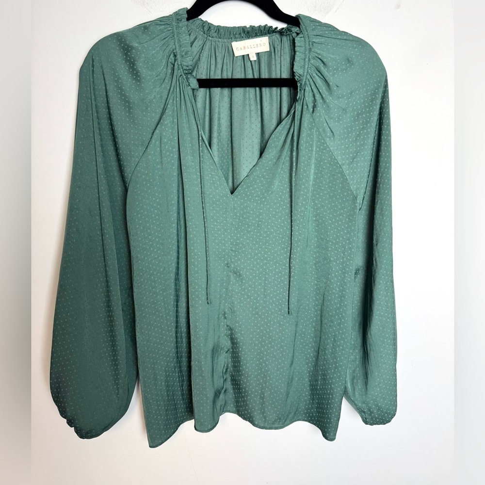 Caballero Green print blouse poet sleeve Medium